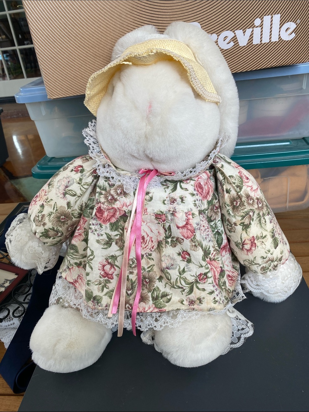 Plush Bunny Doll in Floral Dress with Yellow Bonnet - Kids Toys